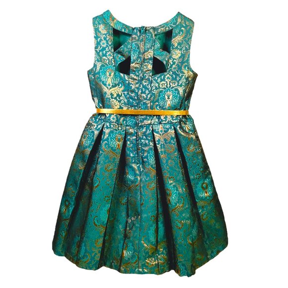 Floral Jacquard Holiday Dress in Green Girls 10 - Picture 3 of 16